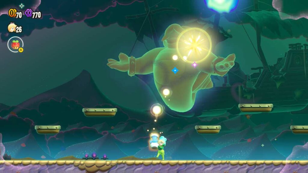 Um dos chefes do DLC Meetup in Bellabel Park apresenta uma gameplay com mudança na profundidade de campo que traz um ótimo dinamismo usando um canhão para acertá-lo